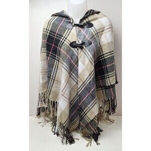 Women's C Est 1946 Plaid Knit Cloak Cape Poncho-Fringe-One Size-Blk/Wht/Tan/Pink